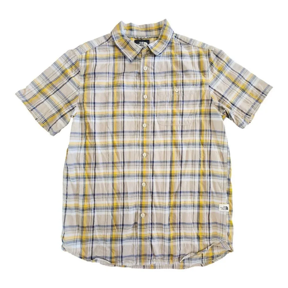 The North Face Shirt Adult Size Medium Gray Yellow Plaid Button Up Mens Outdoors